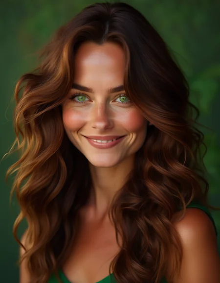 A portrait of a woman with long, wavy chestnut brown hair cascading over her shoulders, her green eyes sparkling with mischief, and a subtle, knowing smile on her lips. <lora:usual-portrait-v2:1>
