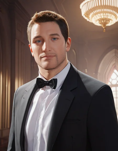 masterpiece, best quality, absurdres, newest, perfect quality, best quality, absolutely eye-catching, detailed background, intricate details, male focus, solo, realistic, <lora:Uncharted - Nathan - Illustrious-000006:0.8>, uncharteddrake, 1boy, mature male, very short hair, blue eyes, stubble, formal, white dress shirt, suit jacket, bowtie, indoors, ballroom, head tilt, looking at viewer