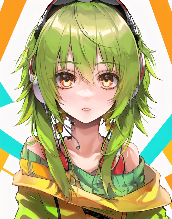 Gumi, solo, ((focus on face)), looking at viewer, white background <lora:Gumi_V1-01:0.6>, earphones,