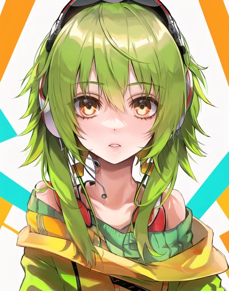 Gumi, solo, ((focus on face)), looking at viewer, white background <lora:Gumi_V1-01:0.6>, earphones,