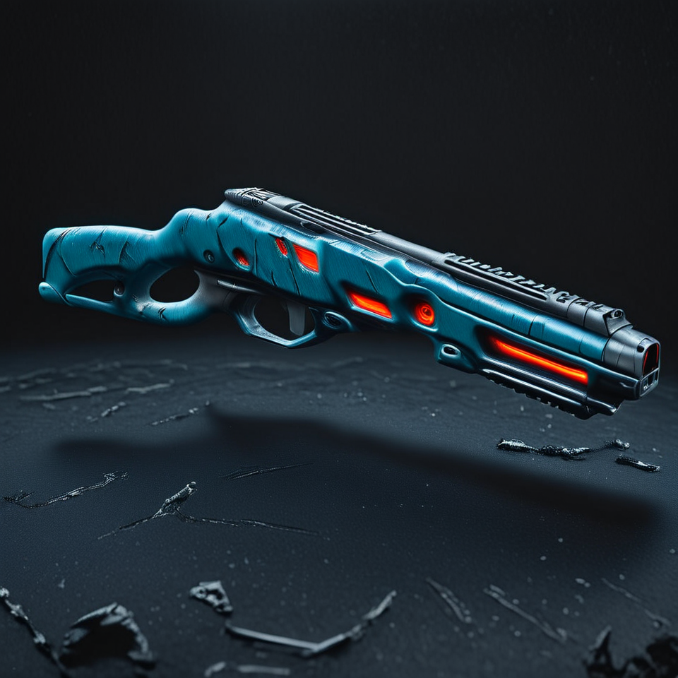 still life item inventory,photo focus on
 military ( gun weapon biohazard-blaster:1.3) energy-vintage-repeater, science fiction,  rugged, used, red-violet plasma
 4k, highly detailed, dark blue black background
 <lora:IteMaker_PNY-F:1>, grit, (rust:0.65), cracks, cracked surface, subtle messy, dust, weary, edges rusty dusty, surface scratches, peeled sun bleeched paint, smudges, crumbles, rugged, used