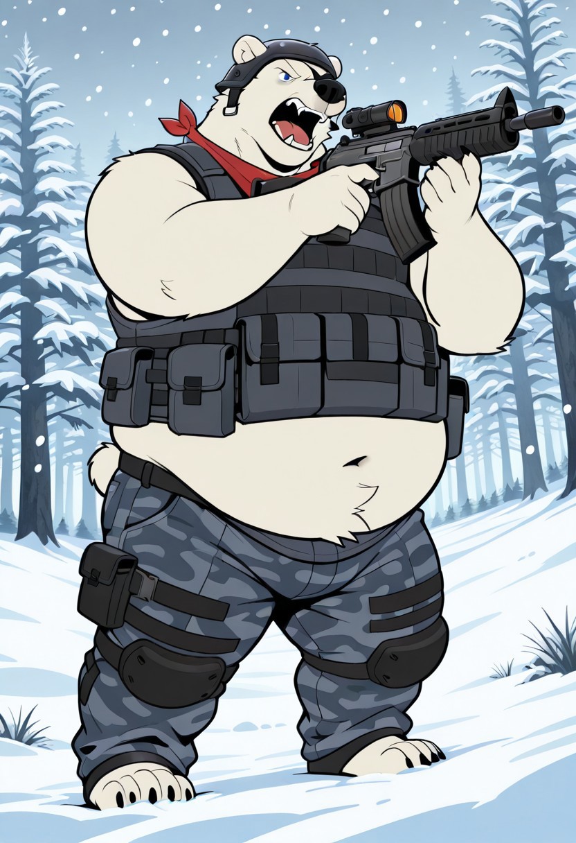 masterpiece, best quality, amazing quality, 1boy, solo, polar bear, bear snout, blue eyes, right eye patch, helmet, claws, male. anthro, male, black pawpads, cartoon style, 2d, overweight male, perfect eyes, (((detailed eyes))), expressive eyes, ((fat, chubby, obese, round belly)), ((excessive obesity)),,forest, snowy forest, snow, snow covered trees, snowing, snow hills, high quality, detailed, digital art, masterpiece, full body, (gray camouflage pants, gray tactical sleeveless vest, red bandana around the neck, arm wears), big butt, (standing  dynamic pose, holding an assault rifle, screaming, rifle shooting, shouting, mouth open, angry, dynamic scene, dutch angle), vivid color, detailed face, perfect face, masterpiece, absurdres, intricate detail, very aesthetic, ds0d, ((three-quarter view:1.3)),  ((3/4_view))