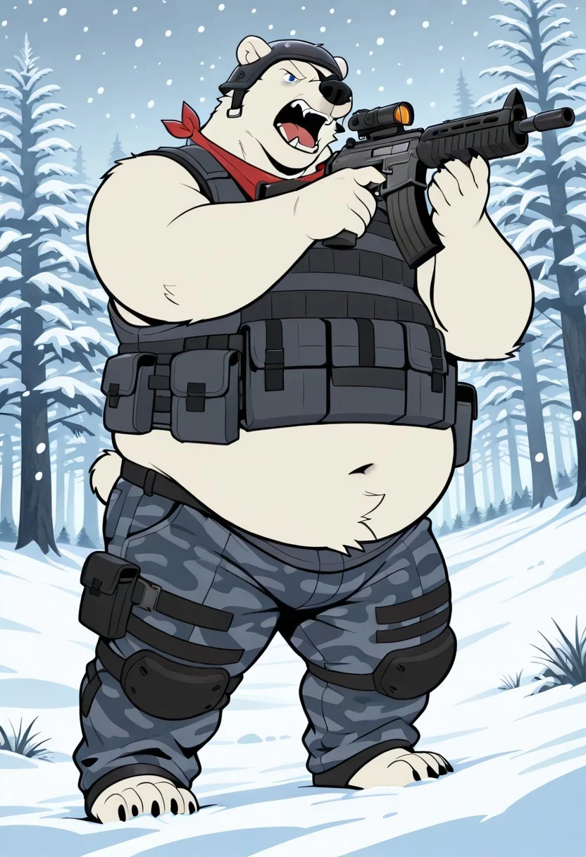 masterpiece, best quality, amazing quality, 1boy, solo, polar bear, bear snout, blue eyes, right eye patch, helmet, claws, male. anthro, male, black pawpads, cartoon style, 2d, overweight male, perfect eyes, (((detailed eyes))), expressive eyes, ((fat, chubby, obese, round belly)), ((excessive obesity)),,forest, snowy forest, snow, snow covered trees, snowing, snow hills, high quality, detailed, digital art, masterpiece, full body, (gray camouflage pants, gray tactical sleeveless vest, red bandana around the neck, arm wears), big butt, (standing dynamic pose, holding an assault rifle, screaming, rifle shooting, shouting, mouth open, angry, dynamic scene, dutch angle), vivid color, detailed face, perfect face, masterpiece, absurdres, intricate detail, very aesthetic, ds0d, ((three-quarter view:1.3)), ((3/4_view))