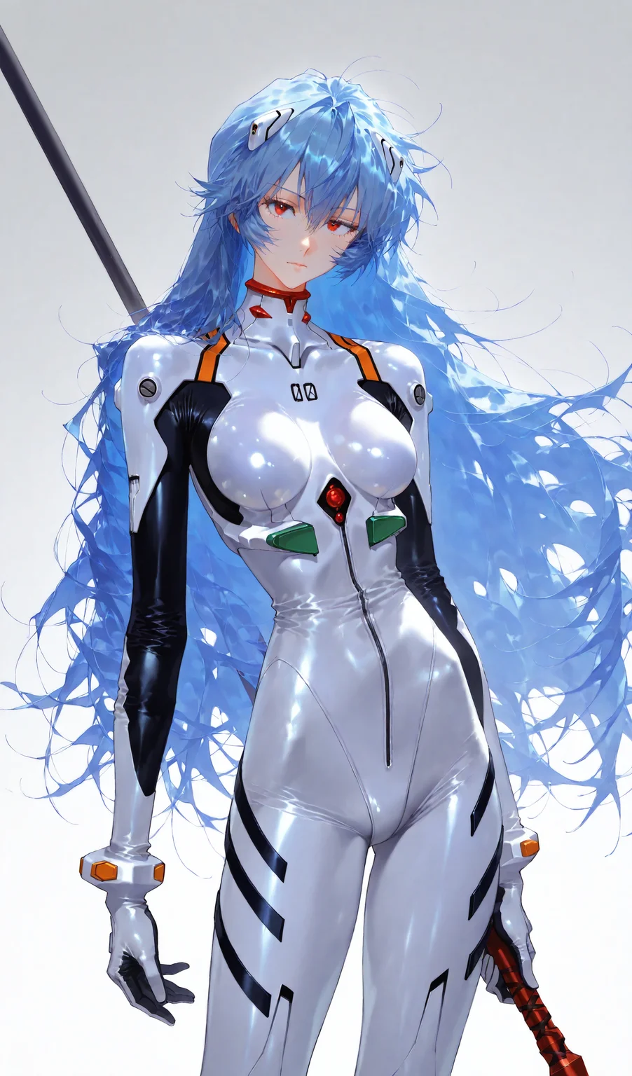 best quality,masterpiece,<lora:eatsleep1111:0.4>,eatsleep1111,<lora:gy0804001-000495:0.45>,<lora:WHM(Illust)0.1v:0.7>,<lora:chimmymingXLP:0.5>,<lora:Expressive_H:0.65>,
<lora:age_slider_v4:3>,
year 2023,(artist:quasarcake:0.3),
1girl,plugsuit,solo,long hair,ayanami rei,white bodysuit,red eyes,breasts,blue hair,bodysuit,holding,looking at viewer,weapon,interface headset,medium breasts,hair between eyes,polearm,alternate hair length,cowboy shot,skin tight,floating hair,gradient,holding weapon,gradient background,alternate hairstyle,bangs,holding polearm,standing,very long hair,breasts apart,<lora:gy1109-000180:0.5>,