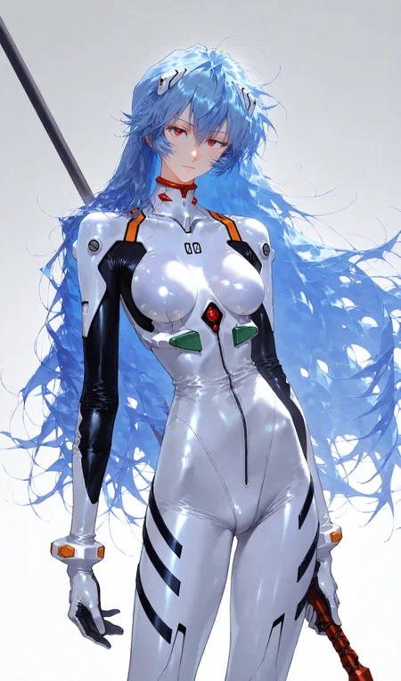 best quality,masterpiece,<lora:eatsleep1111:0.4>,eatsleep1111,<lora:gy0804001-000495:0.45>,<lora:WHM(Illust)0.1v:0.7>,<lora:chimmymingXLP:0.5>,<lora:Expressive_H:0.65>,
<lora:age_slider_v4:3>,
year 2023,(artist:quasarcake:0.3),
1girl,plugsuit,solo,long hair,ayanami rei,white bodysuit,red eyes,breasts,blue hair,bodysuit,holding,looking at viewer,weapon,interface headset,medium breasts,hair between eyes,polearm,alternate hair length,cowboy shot,skin tight,floating hair,gradient,holding weapon,gradient background,alternate hairstyle,bangs,holding polearm,standing,very long hair,breasts apart,<lora:gy1109-000180:0.5>,