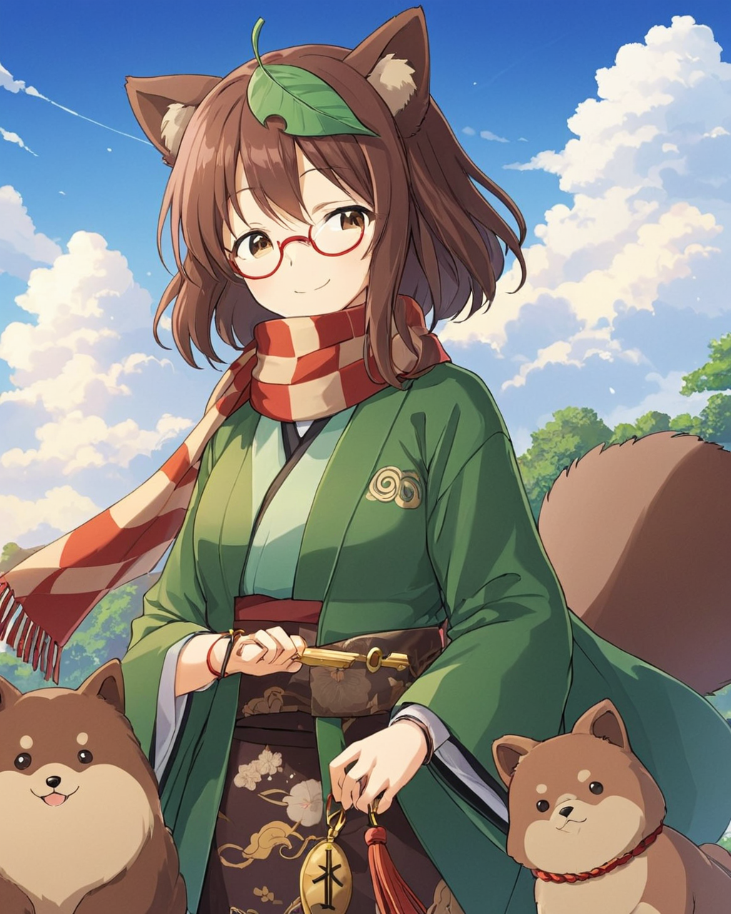 futatsuiwa mamizou,1girl, one_eye_closed, glasses, smile, tanuki, leaf_hair_ornament, scarf, red-framed_eyewear, japanese_clothes, leaf, under-rim_eyewear, shimenawa, sky, dog, cloud, animal, day, bangle, wide_sleeves, pince-nez, solo
<lora:futatsuiwa_mamizou_image2346_2023-12-20-000010:1>,star-shaped_pupils,symbol-shaped_pupils,. gorgeous,key visual, vibrant, studio anime,award-winning, professional, highly detailed,high budget, cinemascope
