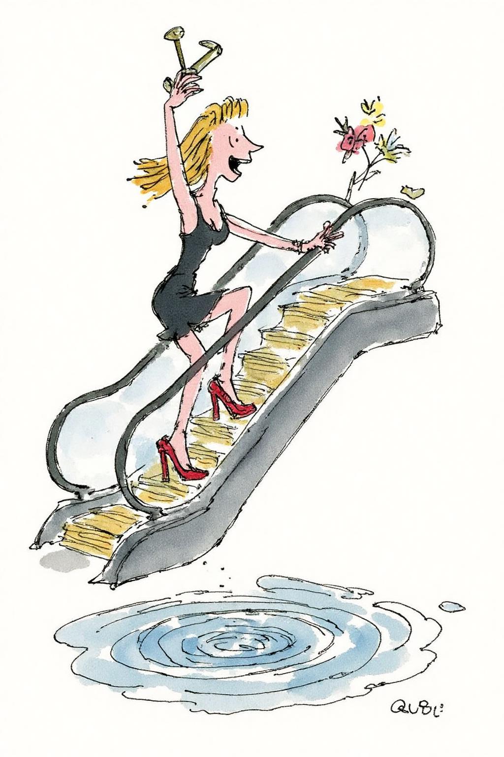 qub1 illustration.
a woman in a chic little black dress and vibrant red high heels, gracefully descending an escalator. She wears black lipstick and is screaming. Her attire exudes elegance and sophistication, with the red heels providing a bold pop of color against the classic black dress. The escalator itself, typically found in a mall or airport, leads downwards into an unexpected and dreamlike destinationâ -- pool of rippling water. The water is blue and ripples as the escalator's steps disappear beneath the surface. The woman's posture is poised and confident, as she seems unperturbed by the unusual surroundings. The overall atmosphere is a blend of high fashion and surreal fantasy, capturing a moment that is both elegant and otherworldly,  <lora:qub1_cap_d6a3e12:1.0><lora:826986005983868736:0>