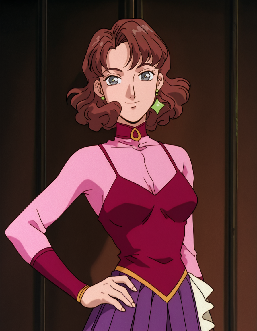 <lora:CatherineBIllustrious1.1JLFO:1> catherine, 1girl, brown hair, 1990s, retro artstyle, solo, pink shirt, short hair, breasts, red camisole, looking at viewer, grey eyes, choker, jewelry, earrings,smile, simple background,, looking at viewer, hand on own hip, cowboy shot,