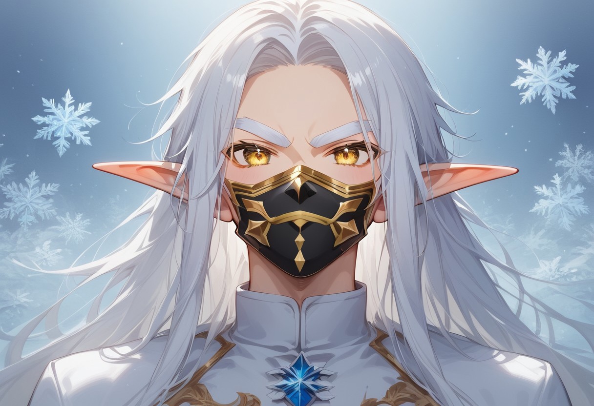 (masterpiece), (best quality), source_anime+, perfect anatomy, HD, 10k Res, digital_media_(artwork) hi_res, intricate, high quality, amazing quality, Expressive Face, (1boy, Gold Eyes, (Gold Face Mask), Not Handsome, Average, ((White Hair, White Eyebrows) Long Hair, Thick Hair, Twenty Years Old, Frost_Elf)), Drestoria-Style_V1, semi-realism, nose