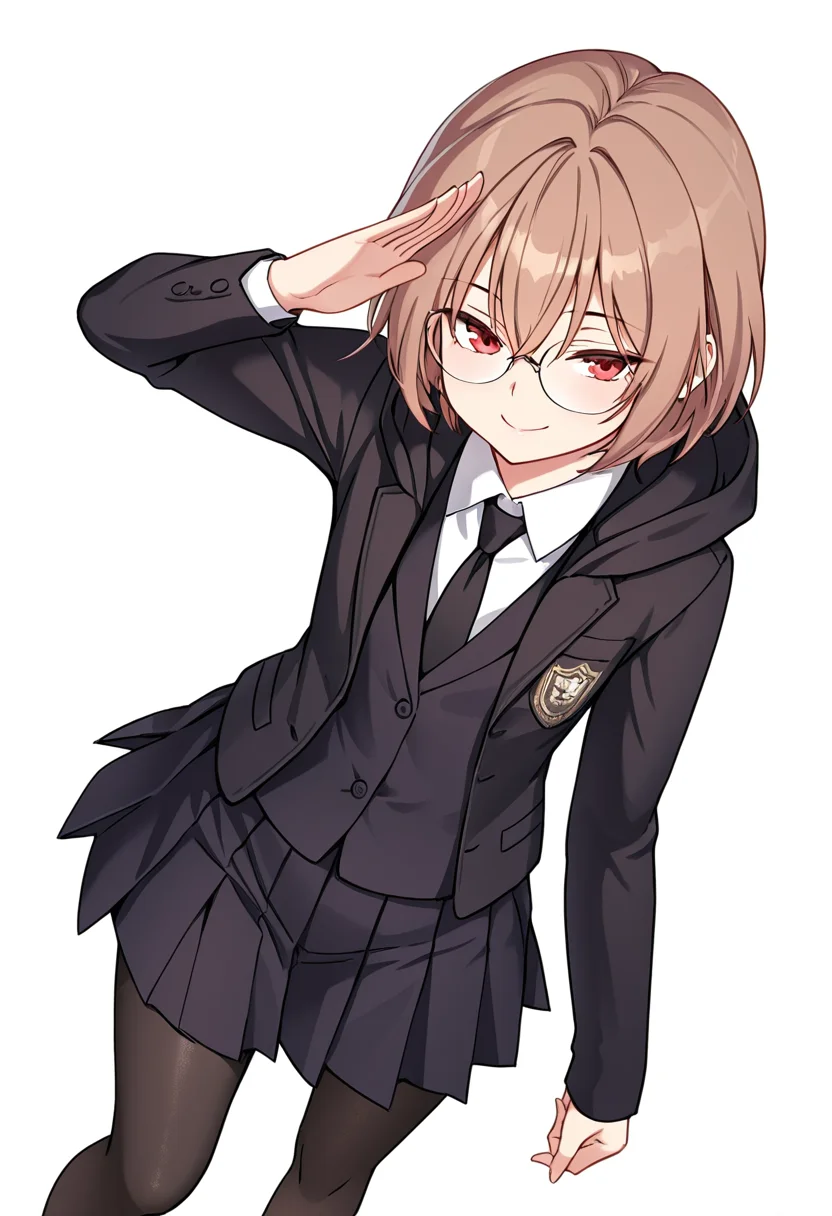 Smooth Quality,masterpiece,very intricate, high quality details, ultra realistic, high detailed skin,detailed enviorement,absurdres,
simple background, white background, dancing,skindentation, solo,dutch angle,straight-arm salute,
<lora:Young-Joo_CNR:0.8> young_joo_cnr, 1girl, brown hair, short hair, red eyes, glasses, young_juniform_cnr, school uniform, black jacket, white shirt, collared shirt, black necktie,hoodie, pleated skirt,black pantyhose, black footwear,, seductive smile,, uwu,