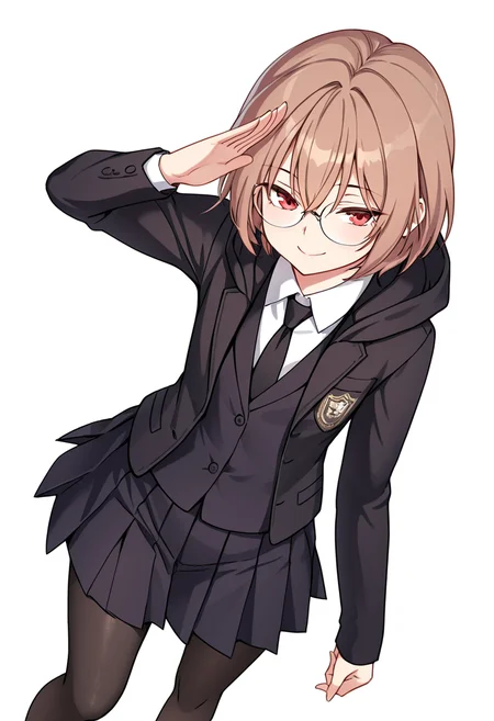 Smooth Quality,masterpiece,very intricate, high quality details, ultra realistic, high detailed skin,detailed enviorement,absurdres,
simple background, white background, dancing,skindentation, solo,dutch angle,straight-arm salute,
<lora:Young-Joo_CNR:0.8> young_joo_cnr, 1girl, brown hair, short hair, red eyes, glasses, young_juniform_cnr, school uniform, black jacket, white shirt, collared shirt, black necktie,hoodie, pleated skirt,black pantyhose, black footwear,, seductive smile,, uwu,