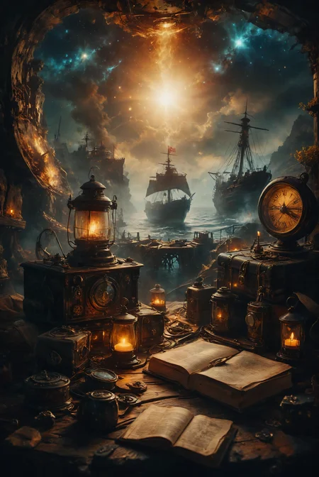 An ancient compass rests beside a nautical chart and sextant, surrounded by a collection of worn, weathered books on a timeworn wooden table in the captain's cabin. The scene is softly illuminated by the glow of beige candles, casting a warm light on the aged yet still functional instruments. Despite their years of use, the tools retain an air of enduring reliability and maritime history,
deep depth of field, photography, Natural geographic photo, Hyper-realistic, 16k resolution, (masterpiece, award winning artwork), many details, extreme detailed, full of details, Wide range of colors, high Dynamic,
<lora:add-detail-xl:2> <lora:MJ52:0.5> <lora:zavy-cntrst-sdxl:1> dark <lora:SDXLFaeTastic2400:0.8> Faetastic  <lora:DoubleExposure:0.5> double exposure, merging into ancient sailing vessel,