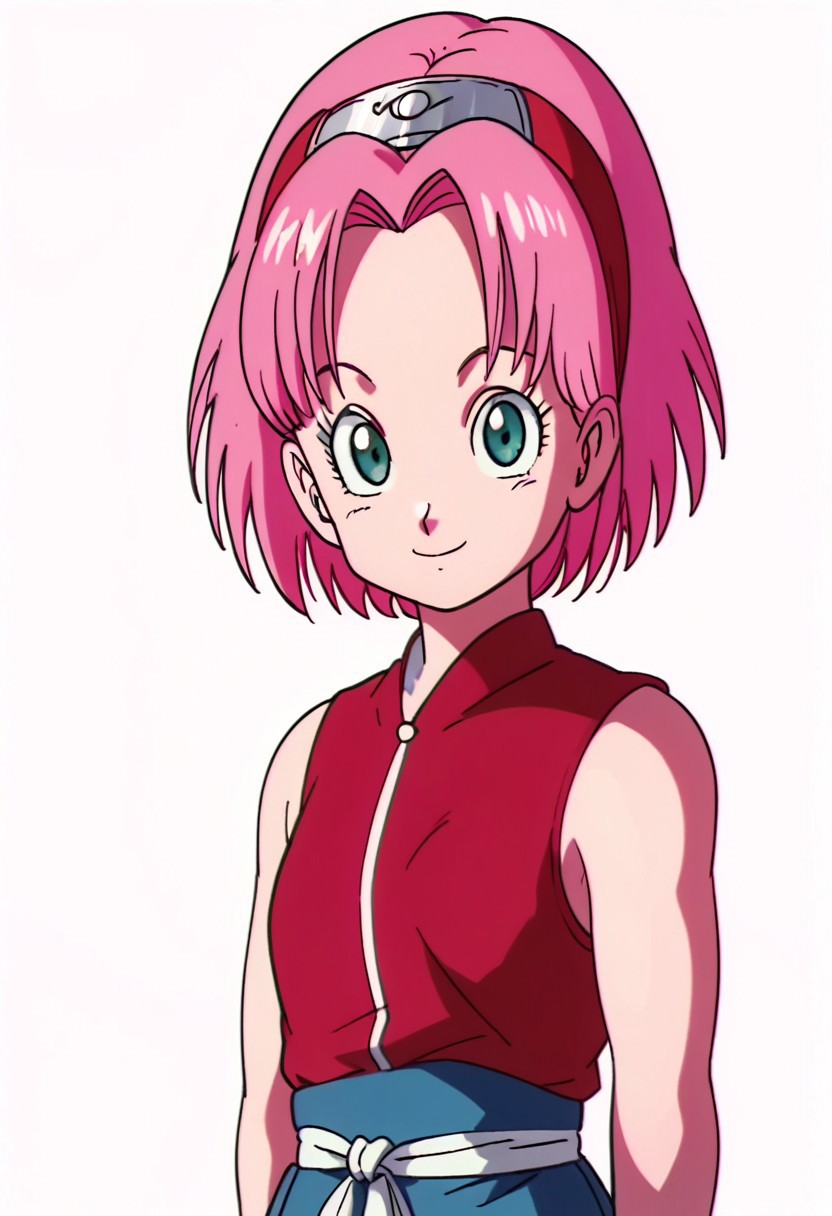 score_9, score_8_up, score_7_up, score_6_up, score_5_up, score_4_up, BREAK, source_anime,
1girl, haruno sakura, pink hair, short hair, green eyes, sleeveless, red shirt, forehead protector,
hands behind back, smile, upper body, looking at viewer, solo, simple background, white background, anime screencap, anime coloring   <lora:SakuraShippudenXL:1> 90s dbz style, style dragon ball z girls 90s, retro style.