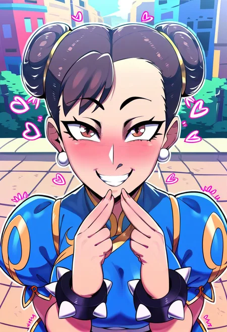 score_9, score_8_up, score_7_up, score_6_up, score_5_up, score_4_up, BREAK D-ART, D-ART Style, 18dart3, !!, ??, , BREAK, 1girl, solo, from above:1.3, close up shot of face, chun li, cute, happy, hair bun covers, blue outfit, hair buns, spiked bracelet, shaking, <3,wide hips , looking at viewer,  expressive face, outdoors, urban,