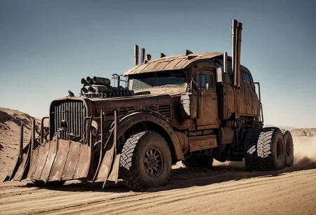 (8k, RAW photo, highly detailed, masterpiece, highest quality, hyper realistic, intricately detailed, vivid and vibrant colors), war rig racing through the desert, rat rod truck, exhaust pipes, cowcatcher plough, skulls, wheels, motor vehicle, ground vehicle, vehicle focus, driving in desert, daytime, sunlight, 2.5d, high contrast, highly detailed, high contrast, Cinematic Shot, Cinematic Lighting, (sharp focus, sharp image, high poly, complex lighting), In a dystopian world, Mad Max Fury Road style
