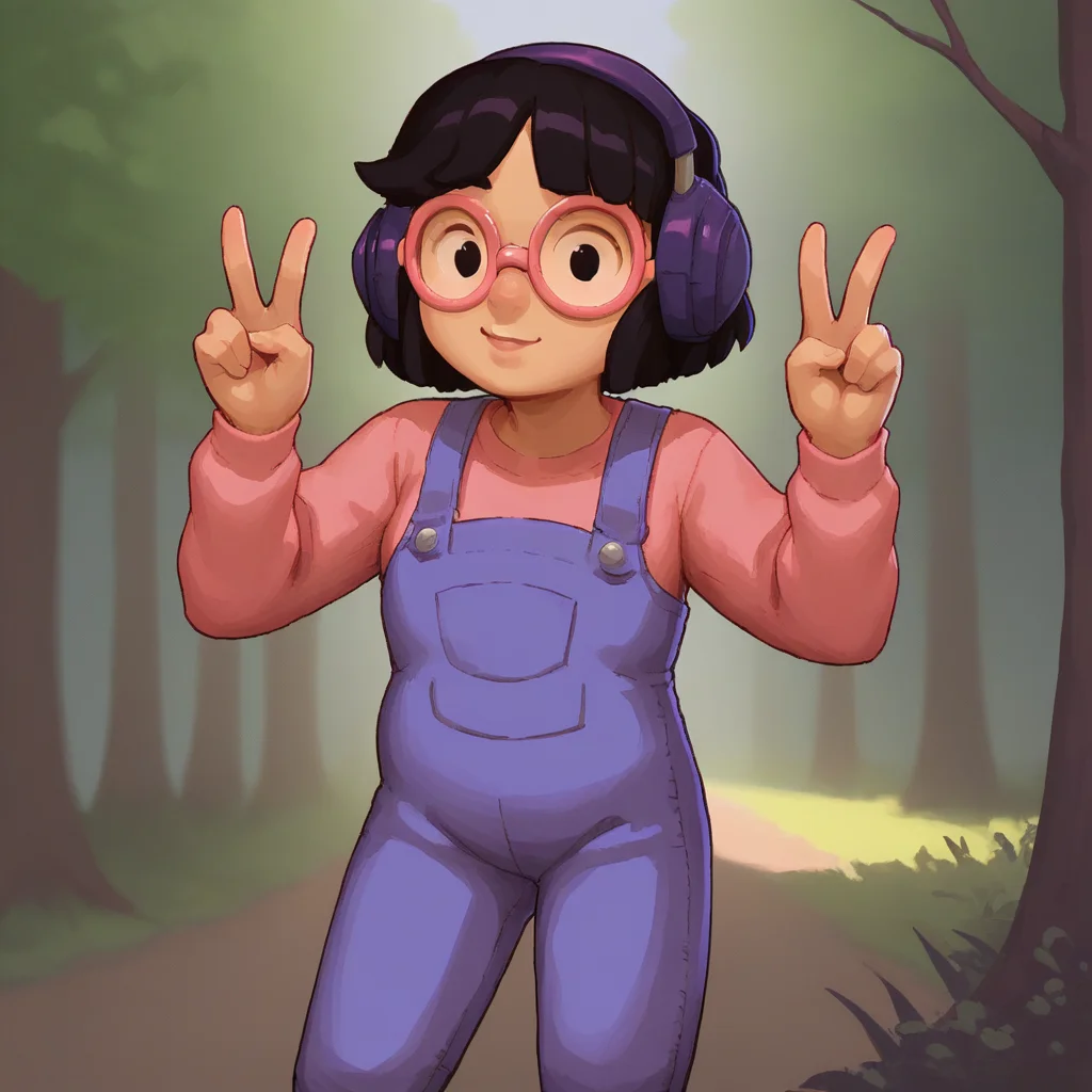 score_9, score_8_up, BREAK, Valerie, 1girl, solo, black hair, short hair, black eyes, headphones, round eyewear, pink t-shirt, blue overalls, cowboy shot, <lora:Valerie_RE_Spelunky2_PXL_Leaf1:1>, outdoors, forest, looking at viewer, double v,