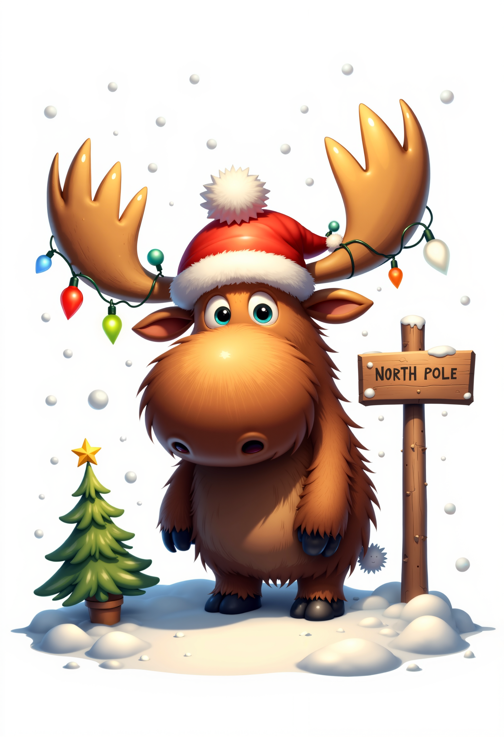 bo-christmas, christmas mood, a digital illustration in a whimsical, cartoonish style, it depicts a large, brown, furry moose with large, expressive eyes and a tuft of fluffy fur on its head, the moose is adorned with festive, red and white santa hat and antlers, which are decorated with string lights in various colors, including red, green, and white, giving it a festive, holiday look, to its left, there is a small, green christmas tree with a star on top, and to its right, a wooden sign with the words north pole is leaning against a pole, indicating a direction, the background is a pristine white, with snowflakes gently falling, adding to the winter theme, the overall mood is cheerful and festive, with a touch of holiday cheer, high quality, ultra detailed, colorful, abstract, fantasy.<lora:Flux\boFLUX Christmas Dreams.safetensors:1.0:1.0>