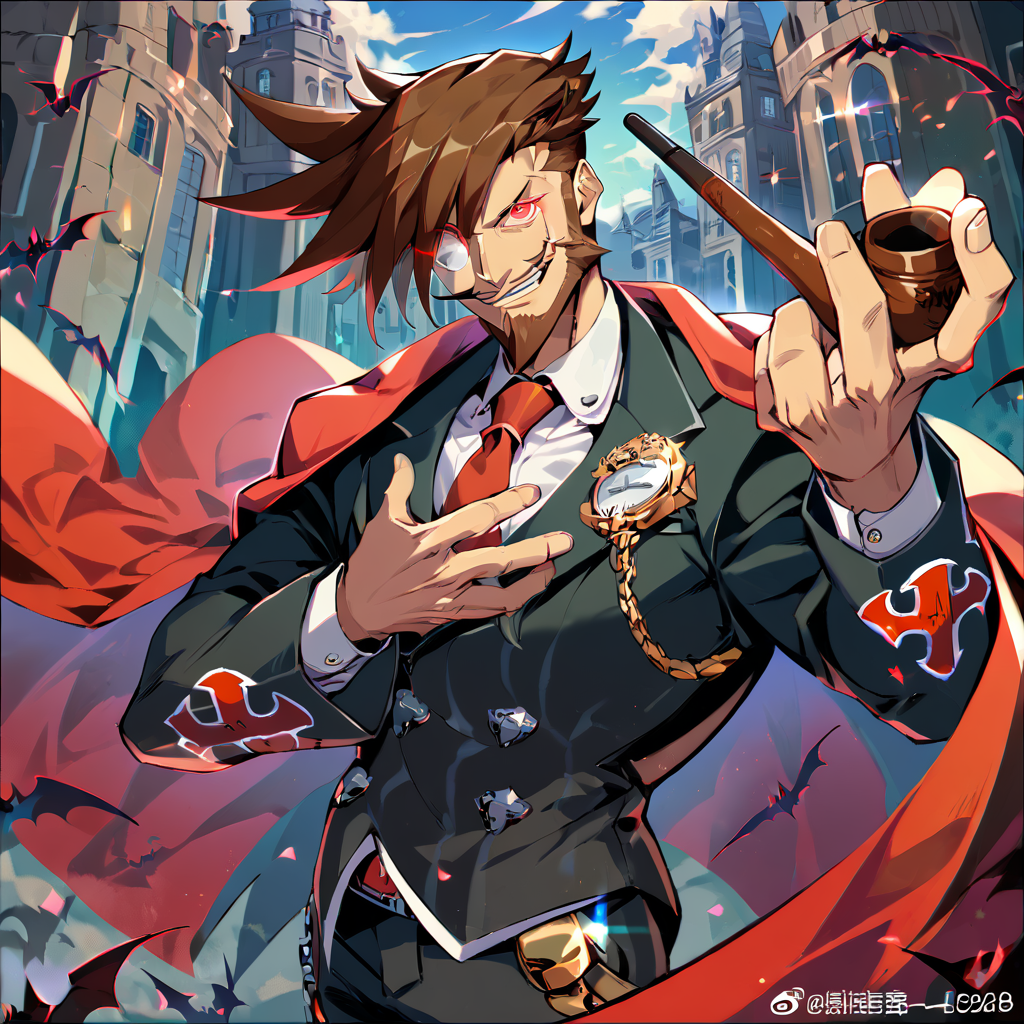 1boy, male focus, Slayer, guilty gear, score_9, score_8_up, score_7_up, score_6_up,  <lora:Slayer_from_Guilty_Gear:1>, solo, brown hair, smoking pipe, monocle, facial hair, mature male, formal, suit, cape, vampire, smirk, tie, white shirt, looking at viewer, toned, athletic, fit, fang, brown footwear, pocket watch, pipe, short hair, slicked to the side hair, mustache, male focus, best quality, amazing quality, best aesthetic, absurdres, smirk, evil smile, red eyes, glowing eyes, cocky, haughty, defiant, <lora:aesthetic_anime_v1s:0.4>, <lora:xl_more_art-full_v1:0.5> <lora:EpicF4nta5yXL:0.5>