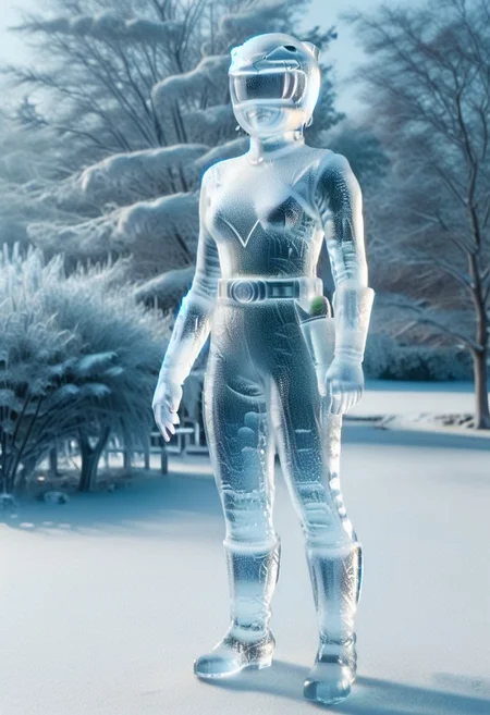 ice statue of female yellow-power-ranger, alone, morphed, helmet, ice catsuit, ice gloves belt boots holster, entirely made of ice, standing square-on, in rural park, arms down by sides, full body photo, hyperdetailed photography