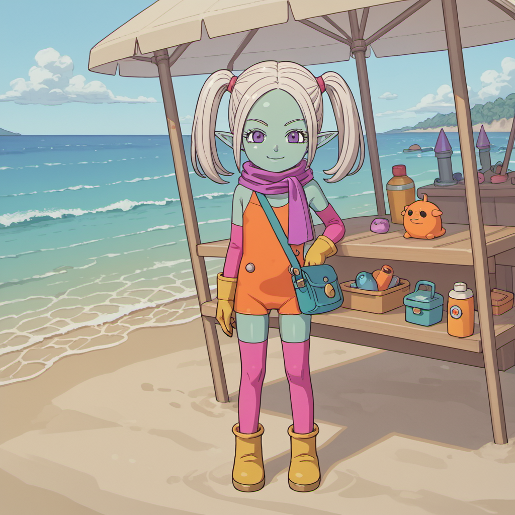 source_anime,score_9,score_8_up,score_7_up,daimapanzy,toddler,orange swimsuit,solo,1girl,smile,flat chest,standing,colored skin,green skin,blue skin,zettai ryouiki,pointy ears,purple eyes,scarf,purple scarf,pink thighhighs,long hair,twintails,bare shoulders,yellow gloves,pink elbow gloves,yellow footwearboots,ankle boots,looking at viewer,full body,white hair,satchel,beach,sitting,<lora:Light-Detail_enhance:2>,<lora:Panzy_Dragonball_Daima:0.6>