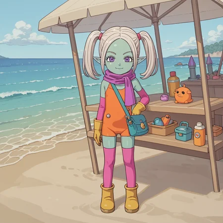 source_anime,score_9,score_8_up,score_7_up,daimapanzy,toddler,orange swimsuit,solo,1girl,smile,flat chest,standing,colored skin,green skin,blue skin,zettai ryouiki,pointy ears,purple eyes,scarf,purple scarf,pink thighhighs,long hair,twintails,bare shoulders,yellow gloves,pink elbow gloves,yellow footwearboots,ankle boots,looking at viewer,full body,white hair,satchel,beach,sitting,<lora:Light-Detail_enhance:2>,<lora:Panzy_Dragonball_Daima:0.6>