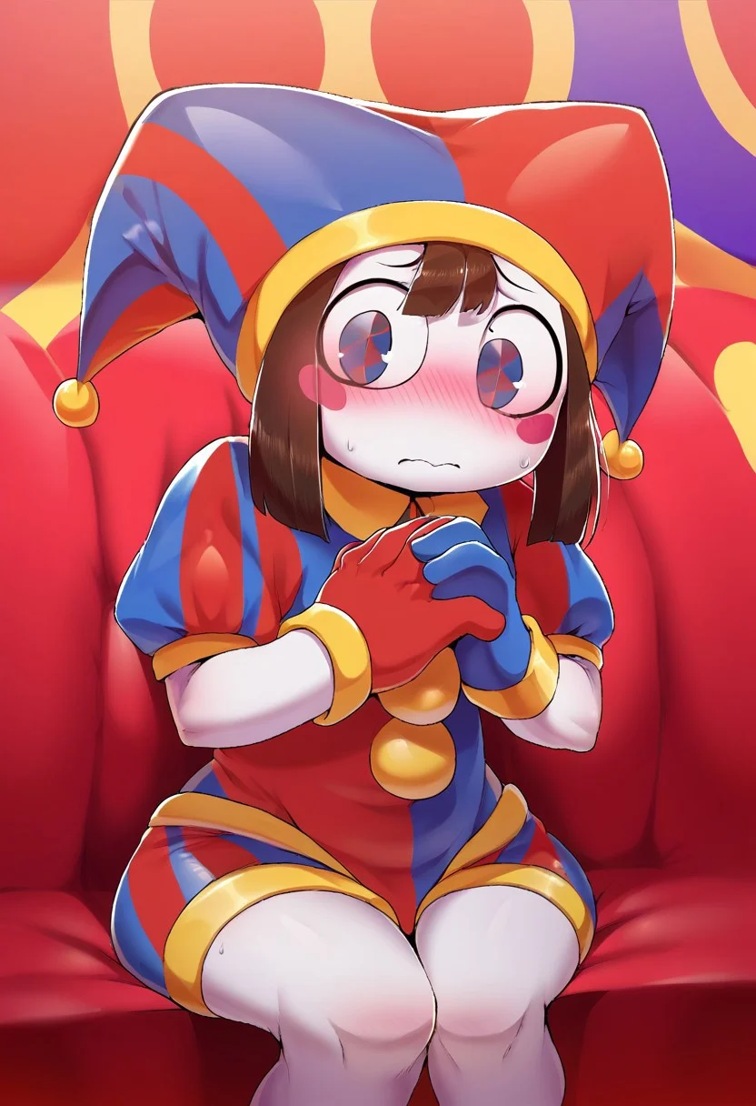 score_9, score_8_up, score_7_up, (by oughta, by dagasi), pomni,jester cap,blush stickers, circus area, standing, hands down in lap, hands together, sitting, legs together, nervous, shy, cute, waiting, solo, circus area, staring at viewer