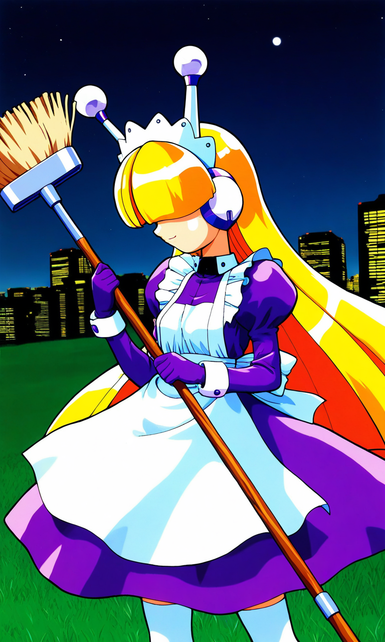 general,highres, ultra-detailed,very aesthetic,best quality ,best hands, BREAK <lora:Tesse_Lombrozo_WakuWaku7_Ver2.1_IS:1>
Tesse_Lombrozo, 1girl, solo, very long hair, blonde hair, hair over eyes, robot ears, maid headdress, small breasts,
maid, purple dress, long sleeves, puffy sleeves, white apron, hime cut, maid apron, 
bangs, juliet sleeves, thighhighs, mary janes, android, shoes, purple gloves,
broom, hold,
cowboy_Shot, light smile,
grass, sky, night, building, light,