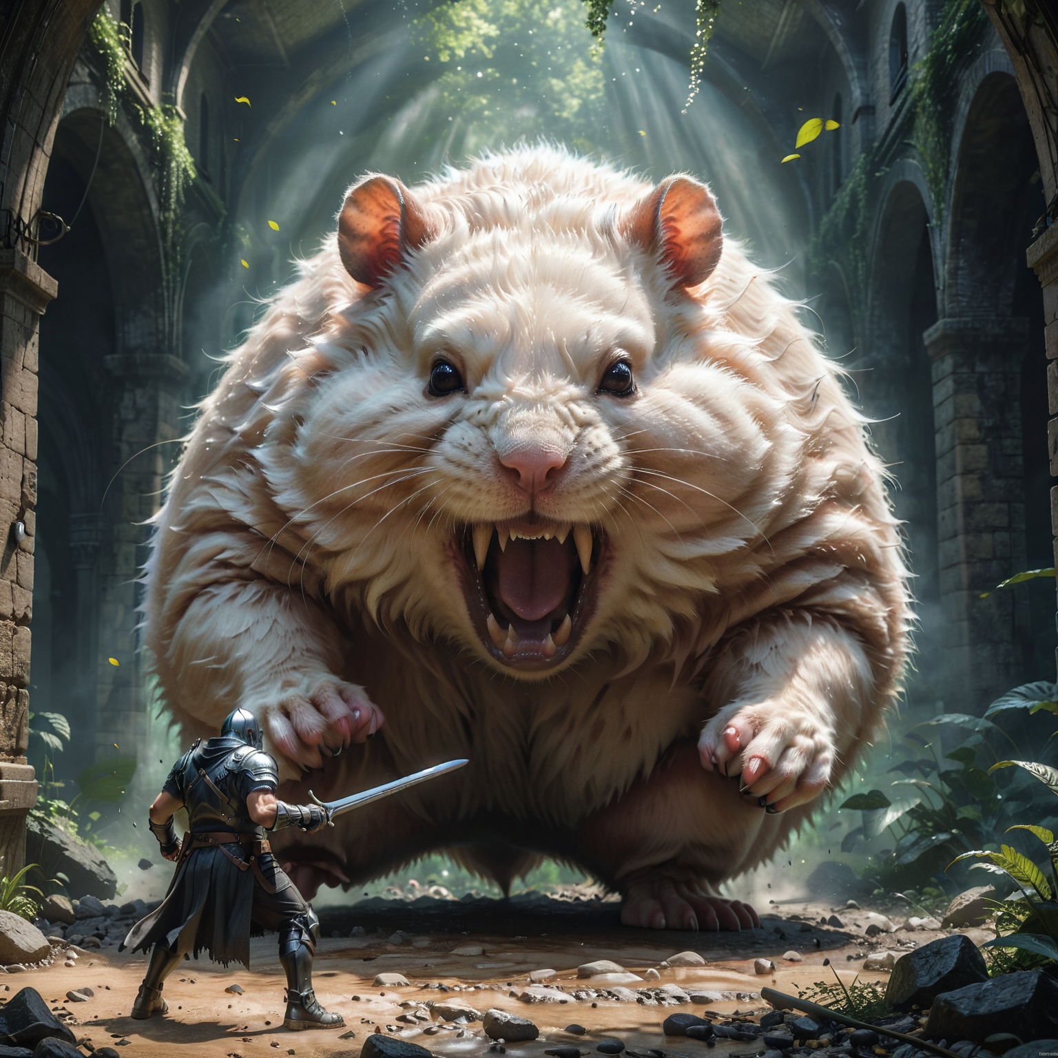 action shot, fighting, fantasy, gigantic hamster, bosstyle <lora:boss_battles:0.55> by (((Antonio J. Manzanedo) and Cyril Rolando) and Mab Graves) and Anne Stokes <lora:more_art:0.30> <lora:RMSDXL_Enhance:0.45> <lora:RMSDXL_Creative:0.45> <lora:RMSDXL_Photo:0.45> <lora:RMSDXL_Darkness_Cinema:0.45> <lora:clothing_slider:2.00> <lora:great_lighting:1.00> <lora:aesthetic:1.00> <lora:looking_at_viewer:1.00> <lora:photorealistic_portrait_v2:0.25> <lora:attractive_v2:0.10> <lora:extremely_detailed_v2:0.25> <lora:XDetail_heavy:0.45> <lora:add_detail:0.75> <lora:perfect_eyes:0.25> <lora:perfect_hands:0.50> <lora:midjourney:-0.15>