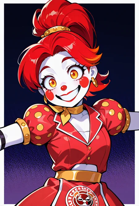 <lora:ilglambab-10:1> glambab, white skin, 1girl, red hair, ponytail, wide smile, earrings, short puffy sleeves, red fingerless gloves, red dress, red lips, midriff, red nose,  ((dynamic pose)),, score_9, score_8_up, score_7_up, masterpiece, best quality, masterpiece, best quality, amazing quality, very aesthetic, absurdres, newest,, upper body, halftone effect, white borders, abstract background:1.2,