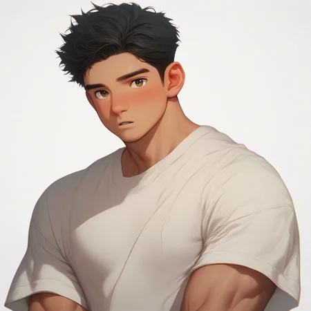 aaFLAm1n1,score_9,score_8_up,score_7_up, muscular,1boy,solo,young,look at viewer, white t-shirt,detailed black hair, hunter eyes, blushing,brown eyes, big nose, parted lips, white background, best aesthetics,B0Y1H open white shirt, chests,