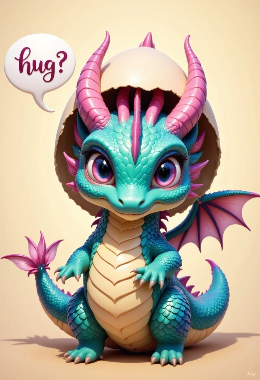 The picture captures the moment when a chibi dragon hatches from an egg, the head looks out of the top of the egg, the shell is on his head, the dragon looks super cute at the viewer, above him is a speech bubble with the inscription "hug ?", cuteness overload, its scales have rainbow colors, the dragon stretches its arms out to the viewer