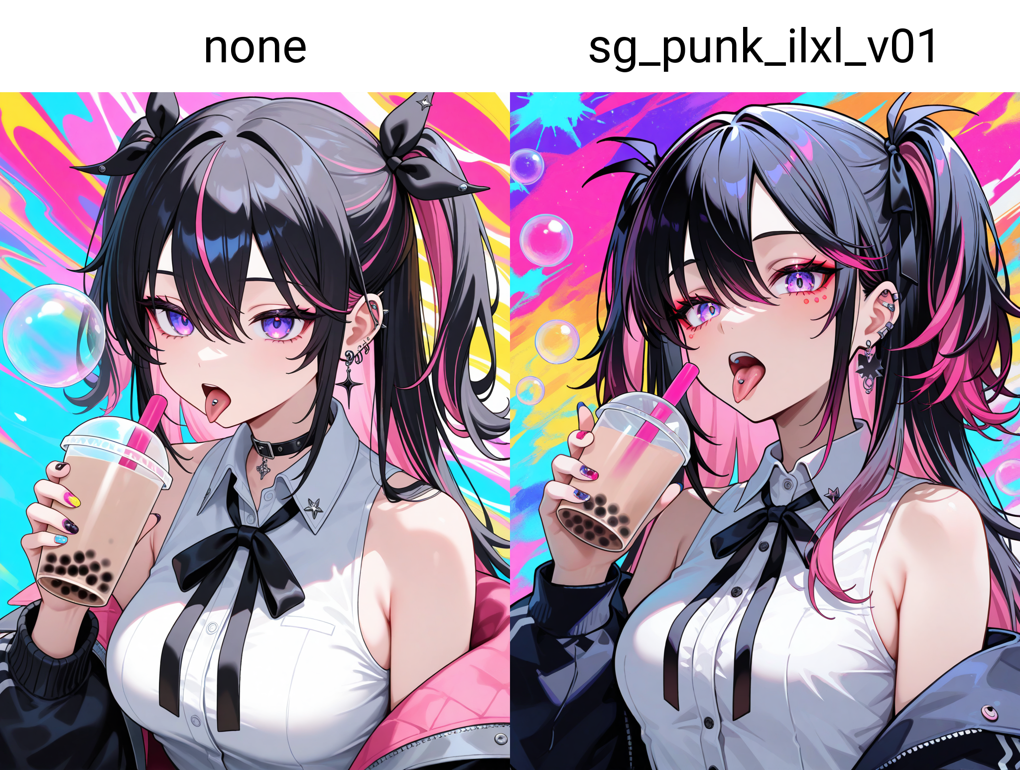 sg punk,1girl,solo,multicolored hair,black hair,pink hair,long hair,two side up,hair between eyes,purple eyes,expressionless,open mouth,tongue out,tongue piercing,medium breasts,collared shirt,white shirt,black ribbon,jewelry,sleeveless,bare shoulders,open jacket,upper body,holding,holding bubble tea,fingernails,multicolored nails,nail polish,colorful,multicolored background,masterpiece,best quality,newest,absurdres,highres,very awa,<lora:none:1>,