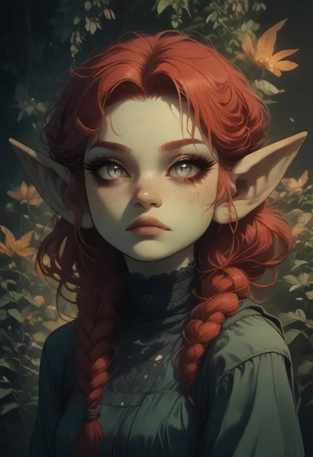 (Score_9:1.1), score_8_up, score_7_up,
(glimmer,glitter,limited lighting, high contrast, highres, closed_mouth:1.4, absurdres),(leaning forward:0.4)
Fl0ralD0lls ,Goblin
solo, short stature, shortstack, pointed ears, big eyes,goblin ears, goblin woman, green skin, big eyes, glimmering eyes, (black sclera, slit pupils, yellow iris, glowing iris), (ferns:1.3), realistic, focus on face, hime cut, red hair,((hair in very long single braids)), big lips, full lips, glossy lips, matte skin, matte colours