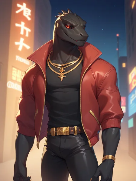 Score_9, score_8_up, score_7_up, 1boy, solo, furry, <lora:Thunder:1> Thunder, red eyes, black skin, colored sclera, red jacket, black pants, black shirt, jewelry, necklace, city, night, belt,