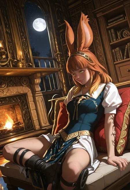 realistic, very awa, ambient occlusion, ray tracing, [sei shoujo], [yoshiten], [takeuchi_takashi], [libbyframe], style parody, [bang_dream!], [arcane:_league_of_legends], [league_of_legends], saturated, colorful, (dynamic angle:1.3), (cowboy shot:1.2) BREAK 1girl, solo, <lora:Final_Fantasy_XIV_Races_Female_Viera_for_IllustriousXL:0.5> rabbit_girl, viera, <lora:anti_human_ears:0.7> amber hair, layers and bangs hair with hairband, rabbit ears, green eyes, freckles, body freckles , tribal tattoo (beige skin:1.2), slender body, narrow waist, short torso, , perfect hands, metallic lips, (happy), eye roll BREAK cleric, wearing (detailed blue cotton armor academic gown), holy symbol, amice, ankle straps,toeless boots, BREAK medieval, fantasy, indoors, luxurious palace, marble floors, office, fireplace, end table, reclining, sitting, indian style , arms resting, against bookshelf, spring, night, dark, cool light, heavy shadows, moon,, dynamic lighting BREAK <lora:reij-detaILer:0.9> <lora:light-000167:0.6>