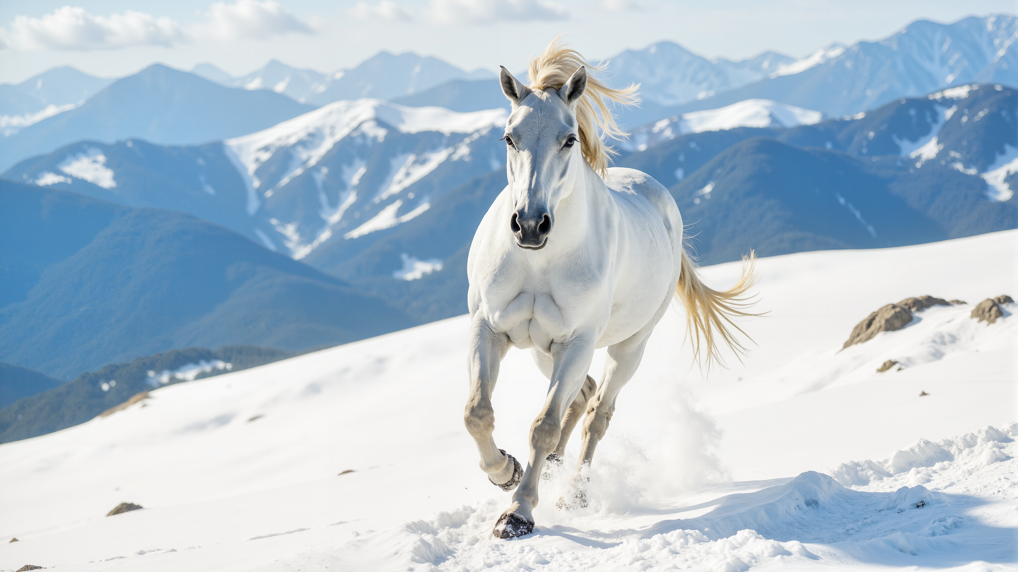 A majestic white horse running in the snowy mountains during winter,close-up frontal view,realistic photography style. The horseâs powerful muscles are visible beneath its sleek coat,with snow flying up around its hooves. Intense focus in its eyes,with sunlight highlighting its mane flowing in the wind,creating a dynamic and heroic feel.,<lora:kmountains-01:0.6>,kmountains,