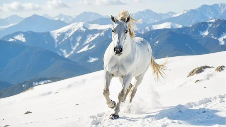 A majestic white horse running in the snowy mountains during winter,close-up frontal view,realistic photography style. The horseâs powerful muscles are visible beneath its sleek coat,with snow flying up around its hooves. Intense focus in its eyes,with sunlight highlighting its mane flowing in the wind,creating a dynamic and heroic feel.,<lora:kmountains-01:0.6>,kmountains,