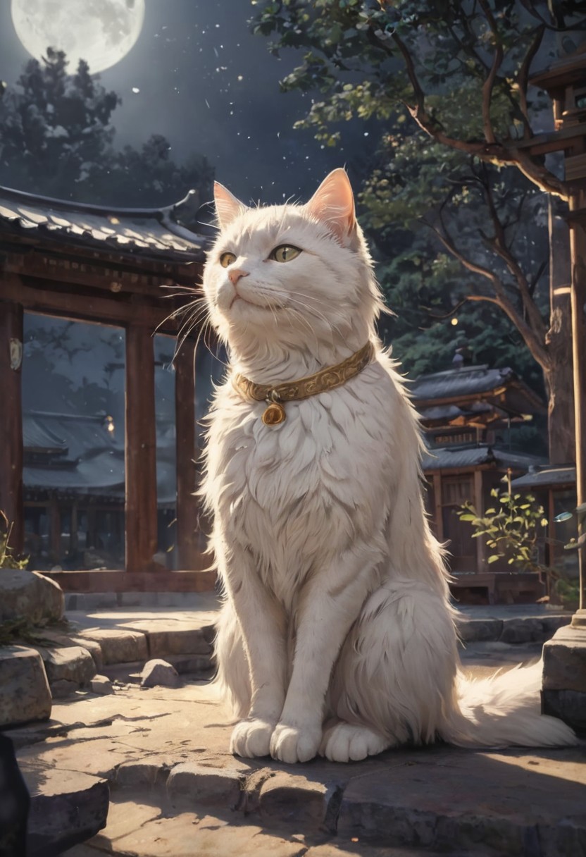 White fantasy Neko glowing with mysterious light under the midnight moonlight, Japanese shrine, Japanese mythology, novel comic graphic style, 2D, 8K, hyperrealism, masterpiece,