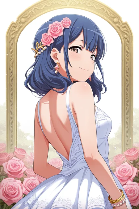 masterpiece, best quality, amazing quality,
<lora:Kaoruko_IL:1> kaoruko, 1girl, solo, jewelry, blue hair, flower, bracelet, dress, earrings, smile, looking at viewer, brown eyes, rose, hair ornament, pink rose, white dress, look back, open back, upper body