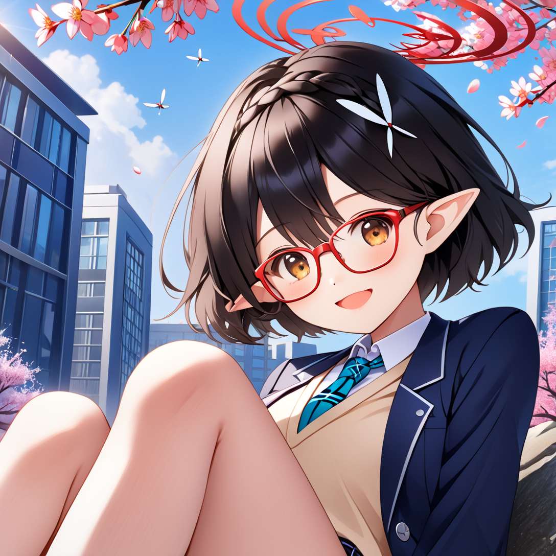 skirt,outdoors,school uniform,black hair,glasses,jacket,red-framed eyewear,looking at viewer,pointy ears,halo,armband,necktie,blue necktie,short hair,cherry blossoms,smile,solo focus,shirt,sweater vest,pleated skirt,long sleeves,white shirt,hair ornament,braid,plaid,blue jacket,plaid skirt,petals,open mouth,1girl,blazer,brown eyes,flower,bangs,collared shirt,:d,black skirt,tree,day,building,å¥¥ç©ºç»«é³ï¼ç¢§èæ¡£æ¡),çº¢è²åç¯,full_shot,panorama,sitting,sitting_on_xx,sitting_on_rock,plant,dragonfly,black_loafers,kneehighs,UHD,ccurate,super detail,award winning,high quality,best quality,high details,textured skin,anatomically correct,HD,16k,<lora:ç»«é³:1>,<lora:ayane_(blue_archive)_image368_2023-11-26:1>,<lora:cnv3mdde878c738thn20:1>,
