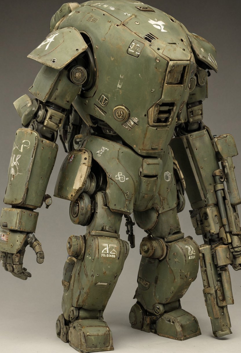Image features a detailed, weathered, and heavily armored mech suit with a rugged, industrial design. The suit is predominantly a worn, olive-green color with visible rust and wear, giving it a battle-hardened appearance. It has a bulky, rounded structure with various mechanical components, including a large, cylindrical backpack, multiple exhaust pipes, and a prominent chest plate. The front of the suit displays white stenciled markings, including the characters 'AZ' and other symbols. The suit's surface is textured with scratches and dents, adding to its realistic, used look. The background is a plain, solid beige color, which contrasts with the intricate details of the mech suit.