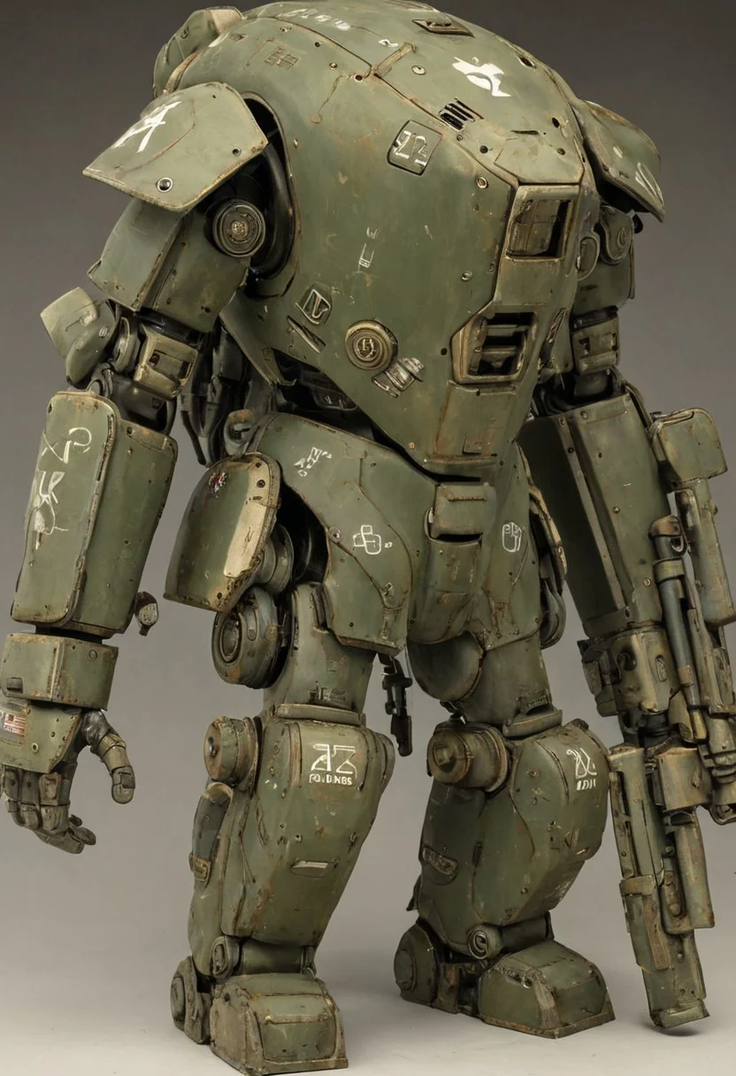 Image features a detailed, weathered, and heavily armored mech suit with a rugged, industrial design. The suit is predominantly a worn, olive-green color with visible rust and wear, giving it a battle-hardened appearance. It has a bulky, rounded structure with various mechanical components, including a large, cylindrical backpack, multiple exhaust pipes, and a prominent chest plate. The front of the suit displays white stenciled markings, including the characters 'AZ' and other symbols. The suit's surface is textured with scratches and dents, adding to its realistic, used look. The background is a plain, solid beige color, which contrasts with the intricate details of the mech suit.