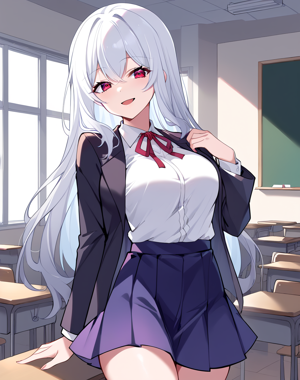 tang_xin, white hair, long hair, red eyes,   white shirt, shirt, neck ribbon,  black jacket, purple skirt, red ribbon, school uniform,  BREAK  indoors, classroom BREAK looking at viewer, sexy face, sexy smile, open mouth, cowboy shot,  BREAK score_9, score_8_up, score_7_up, source_anime ,zPDXL, perfect hand,  <lora:Tang_Xin:0.8>