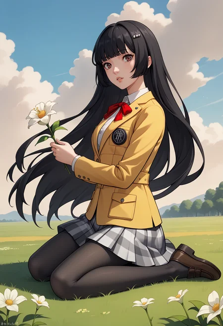 score_9, score_7_up, source_anime, 1girl, sitting, kneeling, parted lips, holding flower, looking at viewer, <lora:zs_RikoV2XL:1> rikop5x, black hair, very long hair, blunt bangs, hairclip, brown eyes, blazer, shirt, medium breasts, red ribbon, plaid skirt, black pantyhose, loafers, wind, grass, sky