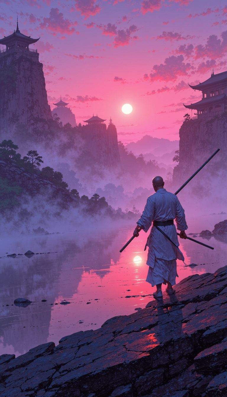 dark fantasy aesthetic. , digital artwork of a futuristic,  , epic.  luminescence, ultra realistic, hyper detailed, soft lighting , (Frank Frazetta), epic scale.
(detailed digital painting, detailed oil painting).

transparency, reflections, water, Roger Dean, Rodney Matthews,,Tibet, Mysticism. The concept. Surrealism. An allegory. A complex, multidimensional. before dawn. Dark. In front of the old and beautiful Shaolin Monastery. A lone Shaolin monk in white clothes is practicing with a pole cutting through the dense morning fog. Bald, with a dry, strong build. Fully dressed. A light dust rises from his light footsteps. Dynamic pose, wide pose, beautiful pose, in motion, swing and strike with a pole. blurred focus from movement. Pink gradient morning sky. Rare stars.. impressive lighting, ,. An otherworldly atmosphere., . unimaginable quality, 8K, UHD, , nigiex. Depth of field, masterpiece., . An otherworldly atmosphere, Mysticism. mythp0rt, InCase Style. nigiex. . (Depth of field), low saturation,detail. mythp0rt Stylish, charismatic. (depth of field) mythp0rt, nigiex.. ,.

masterpiece, best quality, medium-format camera,  high-contrast, dramatic lighting, striking composition,  

The background is minimalist, a gradient of shadowy blue tones, amplifying the ethereal and futuristic ambiance of the scene. The overall composition feels cinematic, blending high fashion with a science fiction aesthetic. . Exquisite cyberpunk. retroFuturism.Frank Frazetta,
..razum  
 .

 An otherworldly atmosphere.
(Depth of field), low saturation,detail. mythp0rt Stylish, charismatic. ,.
masterpiece,   ,KNRm,  
,

Otherworldly atmosphere. aidmamj6.1
(Depth of field), low saturation,detail. mythp0rt, Stylish, charismatic


