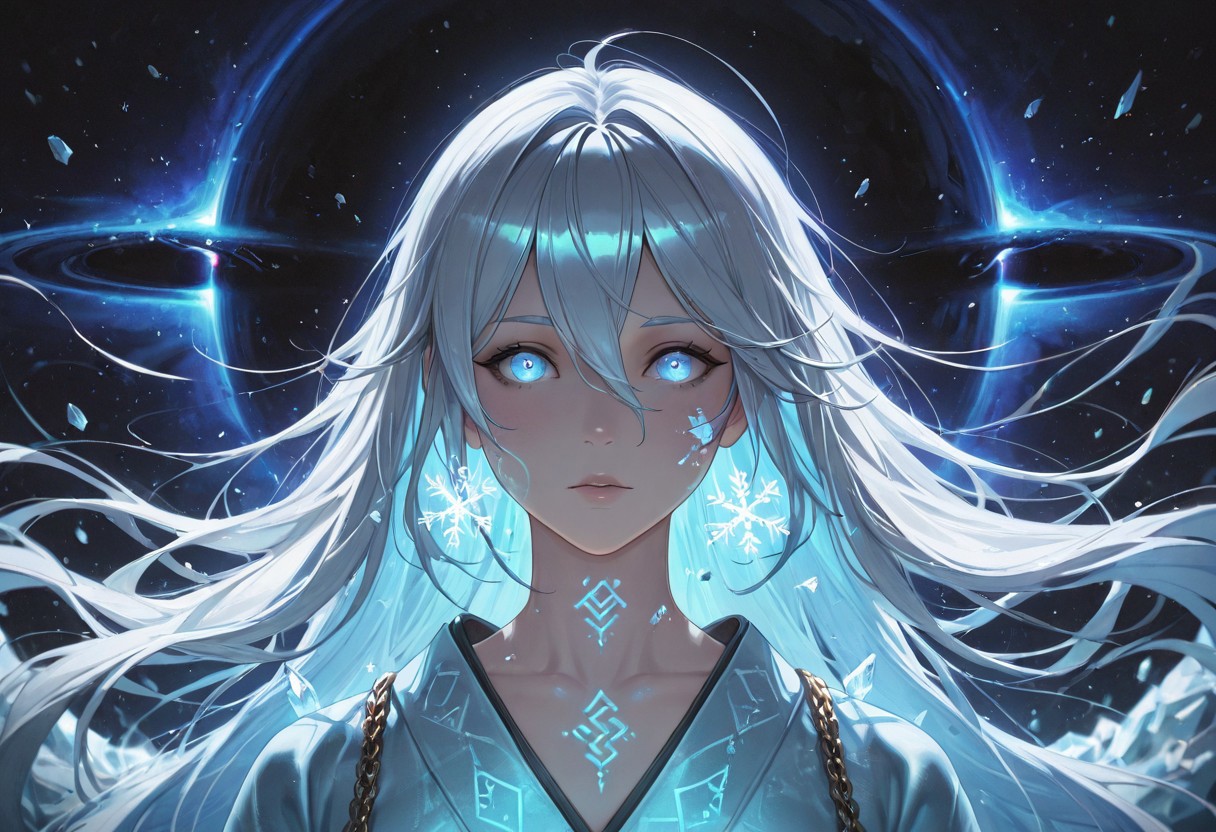 masterpiece,best quality,amazing quality,absurdres, BREAK 
1girl, light blue kimono, floating snowflakes, glowing light blue cracks, starless sky, black hole backdrop, eldritch runes, chains (broken), ice magic, pale skin, glowing blue eyes, floating debris, apocalyptic aura, portrait: symmetrical framing, cosmic horror, anti-gravity hair, white hait, long hair,  reality distortion, forgotten civilization
