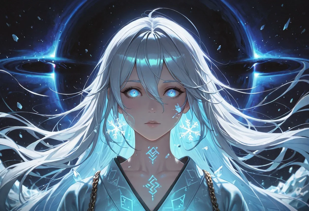 masterpiece,best quality,amazing quality,absurdres, BREAK
1girl, light blue kimono, floating snowflakes, glowing light blue cracks, starless sky, black hole backdrop, eldritch runes, chains (broken), ice magic, pale skin, glowing blue eyes, floating debris, apocalyptic aura, portrait: symmetrical framing, cosmic horror, anti-gravity hair, white hait, long hair, reality distortion, forgotten civilization