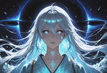 masterpiece,best quality,amazing quality,absurdres, BREAK
1girl, light blue kimono, floating snowflakes, glowing light blue cracks, starless sky, black hole backdrop, eldritch runes, chains (broken), ice magic, pale skin, glowing blue eyes, floating debris, apocalyptic aura, portrait: symmetrical framing, cosmic horror, anti-gravity hair, white hait, long hair, reality distortion, forgotten civilization