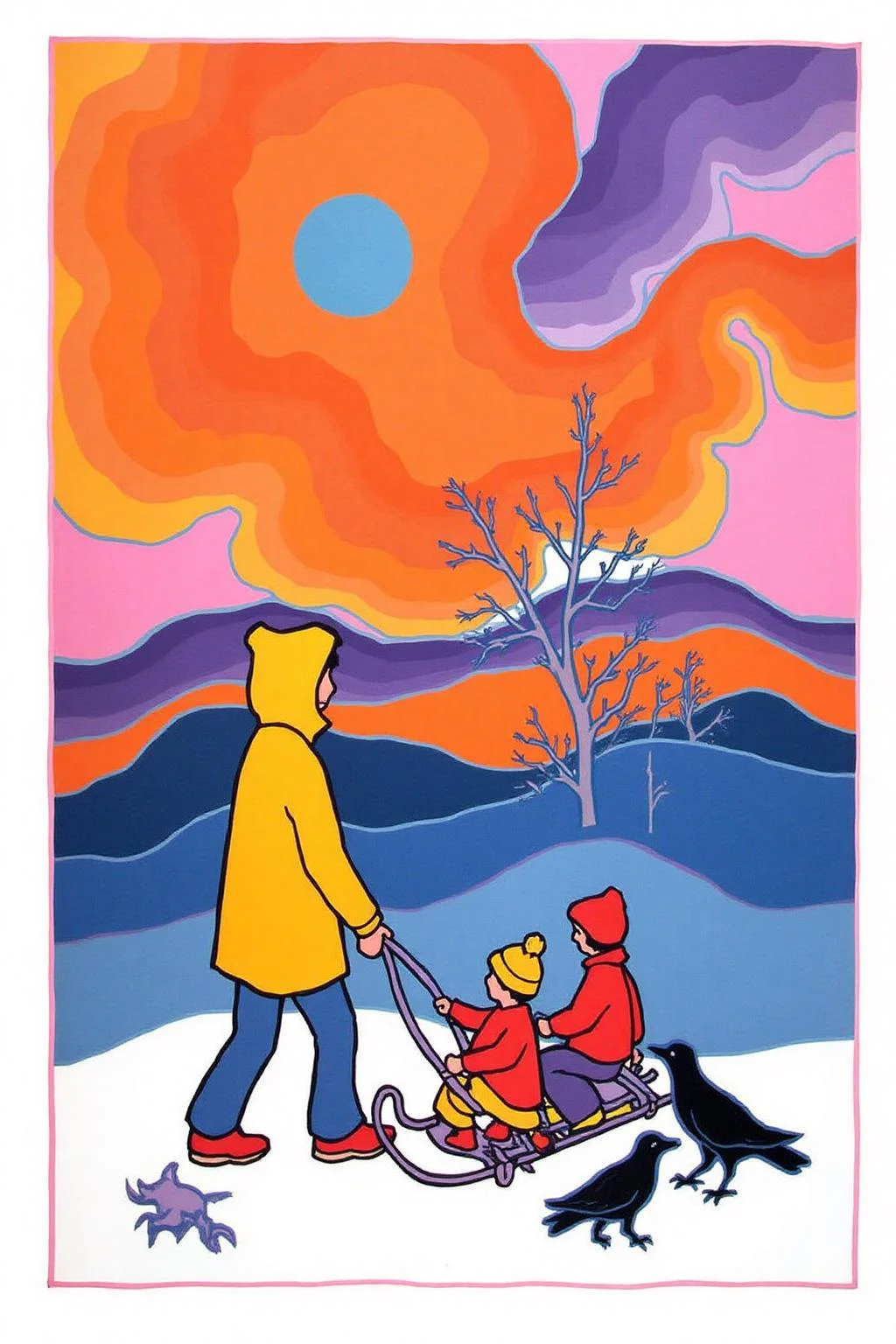 teha1 illustration.
a winter scene with a vivid, abstract background. The sky is dominated by a large, stylized, glowing blue sun surrounded by swirling, abstract patterns of orange, pink, and purple hues, creating an ethereal, dreamlike atmosphere. A adult dressed in a yellow hooded winter coat is draggin a sled with two children, both dress in red on it. Beside them stands a dog and two crows. <lora:teha1_cap_d6a3e11:1.0><lora:827662540642257157:0>