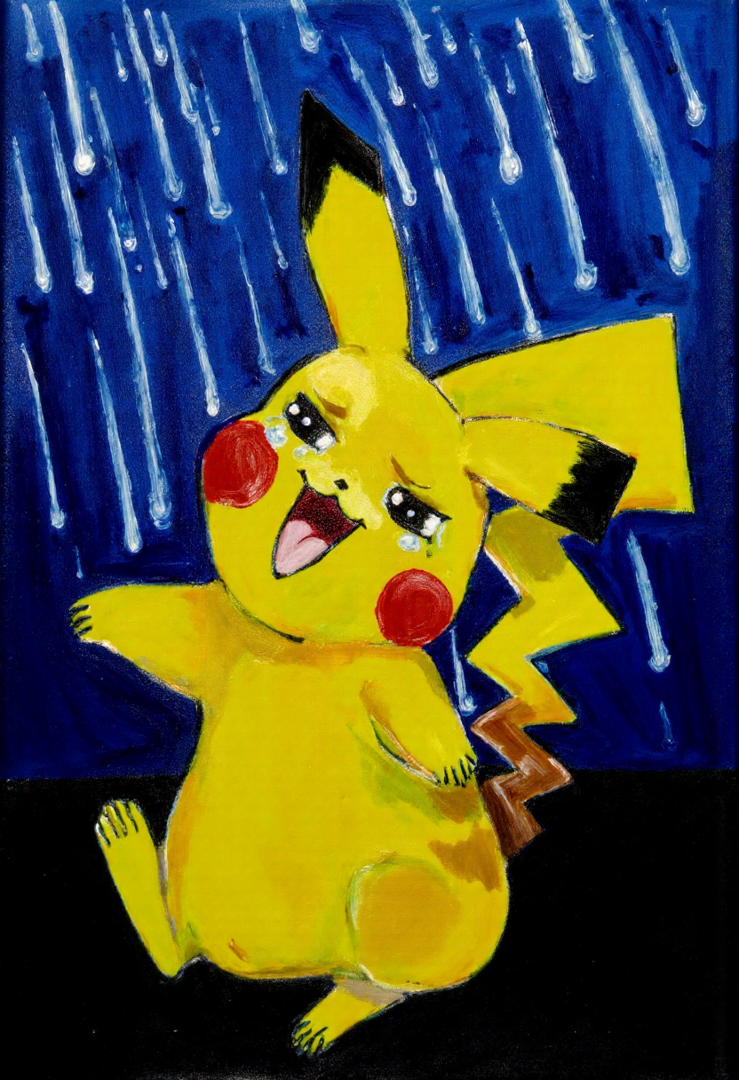 <lora:Thrift_Store_Paintings_FLUX:1>
The image is a vibrant, expressive painting on canvas depicting a scene of pikachu crying on a rainy night